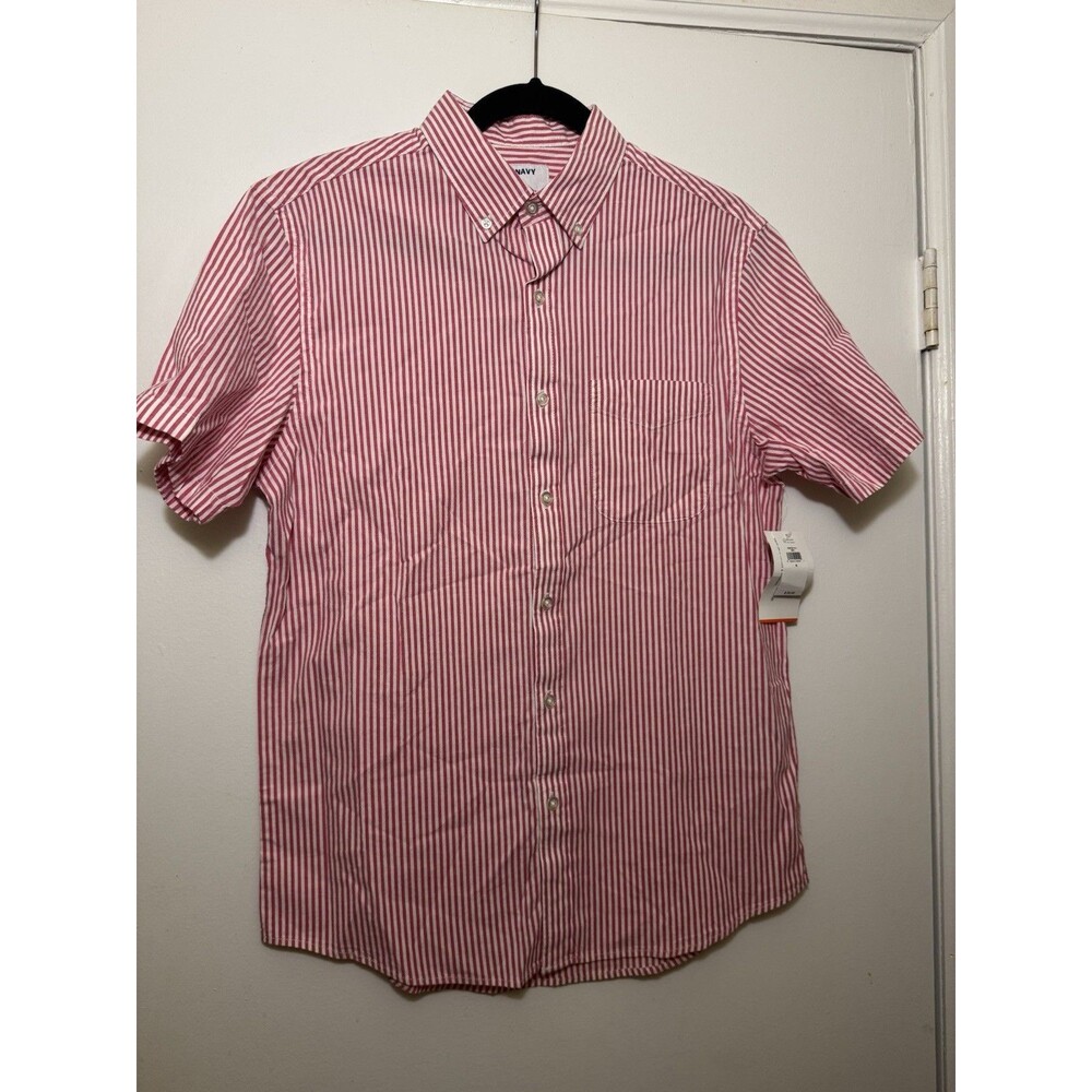 Old Navy Men's M Regular Fit Short Sleeve Button-Up White Red Striped Shirt